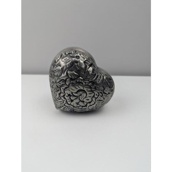 April Cornell Silver Heart Shaped Decorative Box with Floral Embossing - Picture 1 of 7